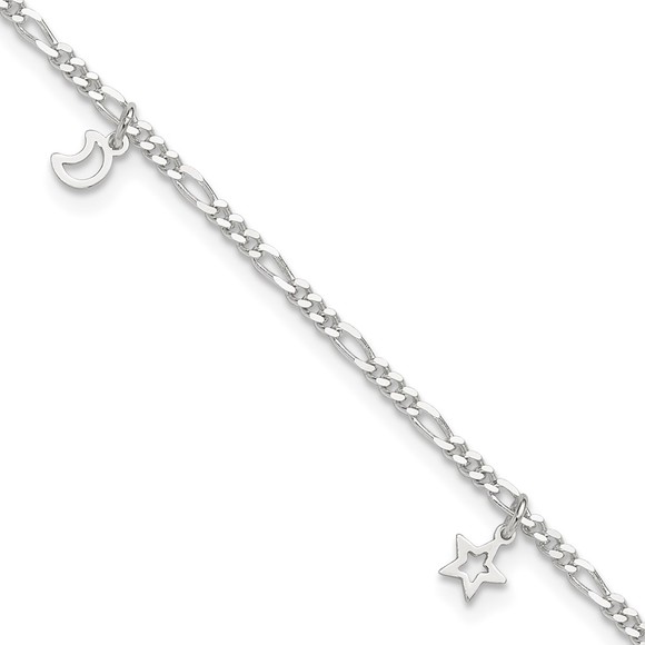 925 Sterling Silver Polished Star Charm and Moon 9" + 1" Ext. Jewelry Anklet - Picture 6 of 9